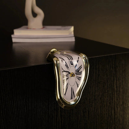 Surreal melting gold clock with Roman numerals on dark wood table, modern home decor accent