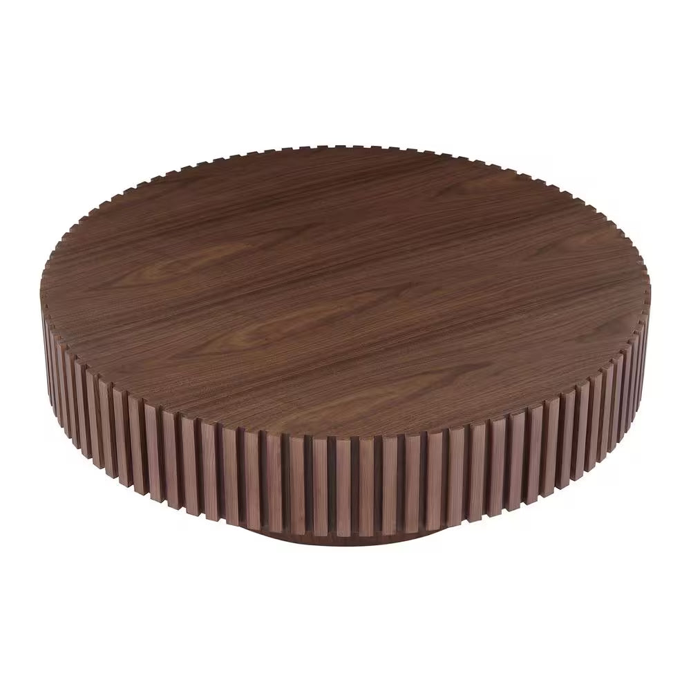 31.49" Round Walnut Drum Coffee Table – Modern Handcrafted Wood-Look Accent Table