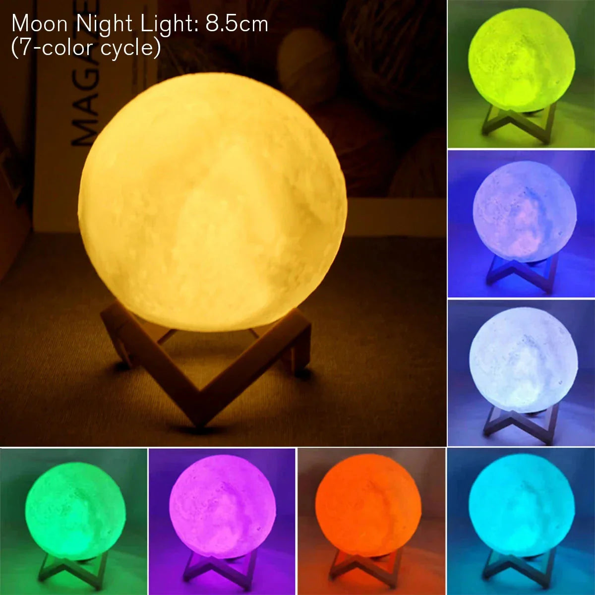 8.5cm 3D moon night light with 7-color cycle, cozy home decor on wooden stand
