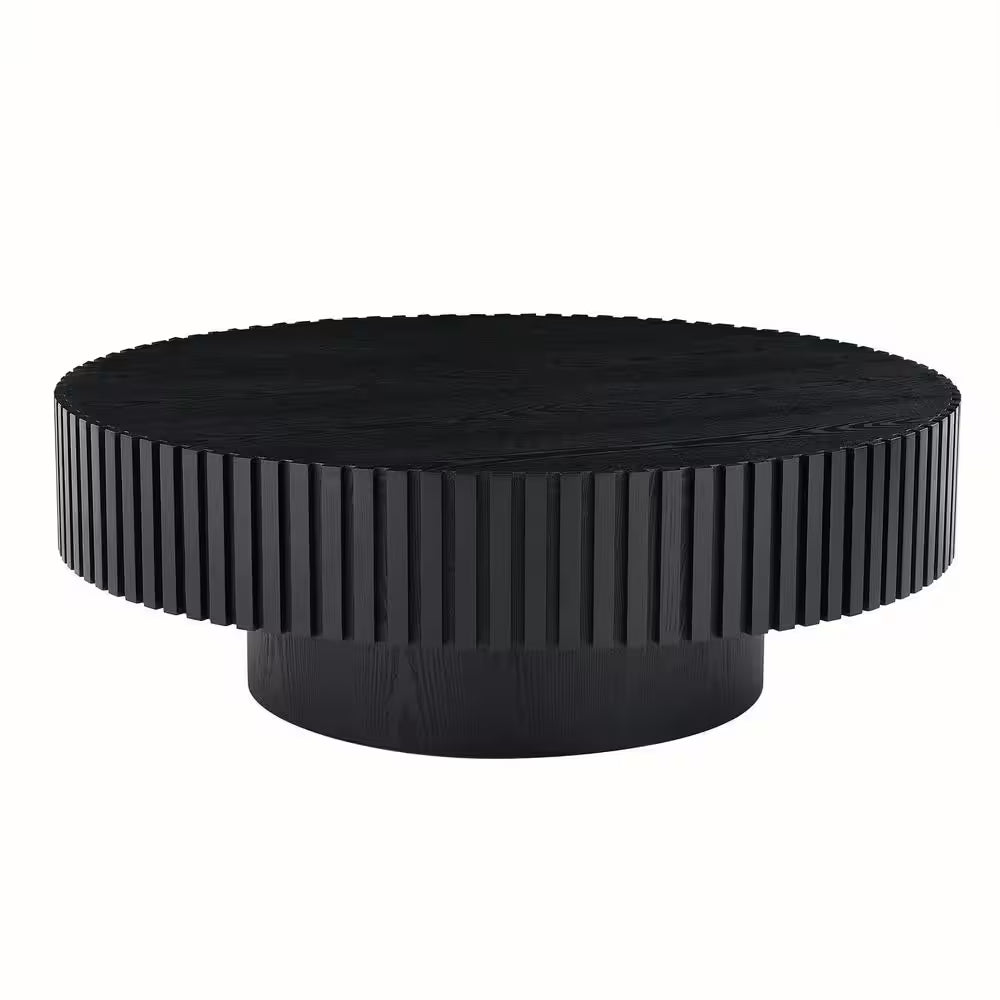 39.37" Round Black Drum Coffee Table – Modern Handcrafted Wood-Look Accent Table