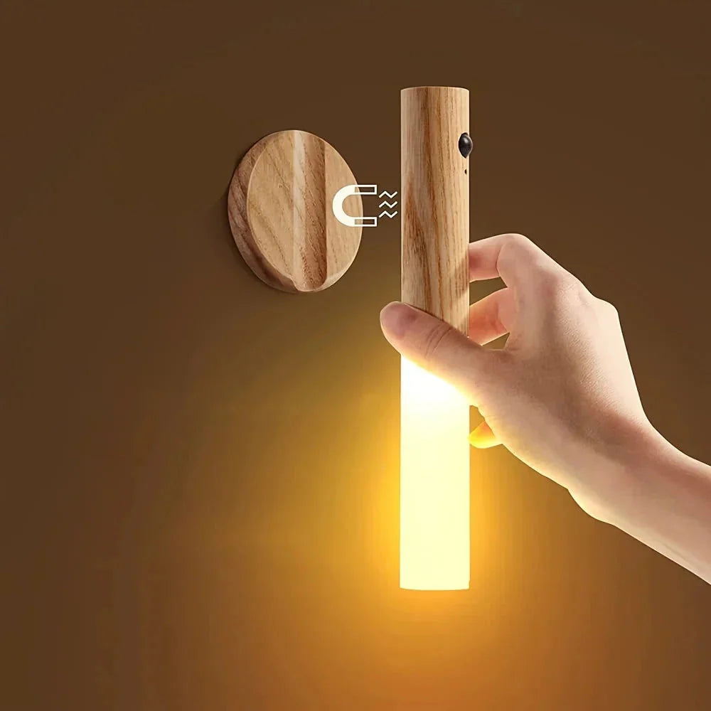 Wooden magnetic wall lamp with warm glow, cozy home lighting solution