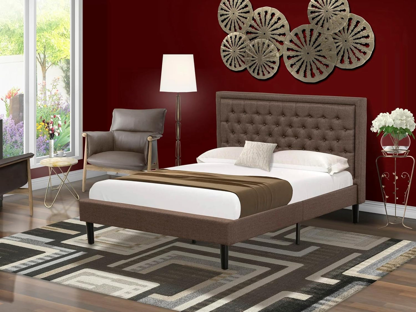 **KDF-18-Q Queen Platform Bed Frame – Brown Linen Upholstered Button-Tufted Headboard with Black Legs**
