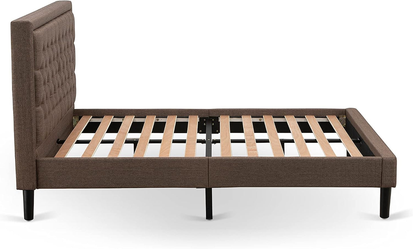 **KDF-18-Q Queen Platform Bed Frame – Brown Linen Upholstered Button-Tufted Headboard with Black Legs**
