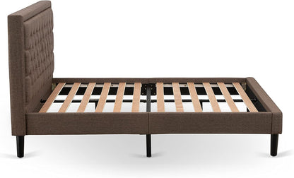 **KDF-18-Q Queen Platform Bed Frame – Brown Linen Upholstered Button-Tufted Headboard with Black Legs**