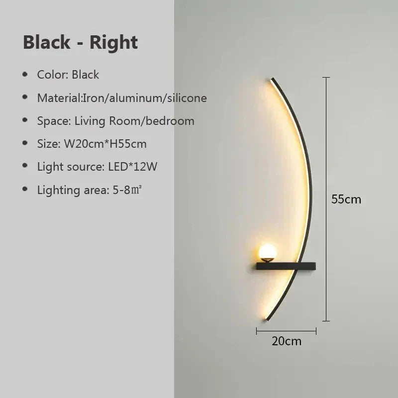 Modern black wall sconce with LED light, 55cm tall, for living room or bedroom ambiance