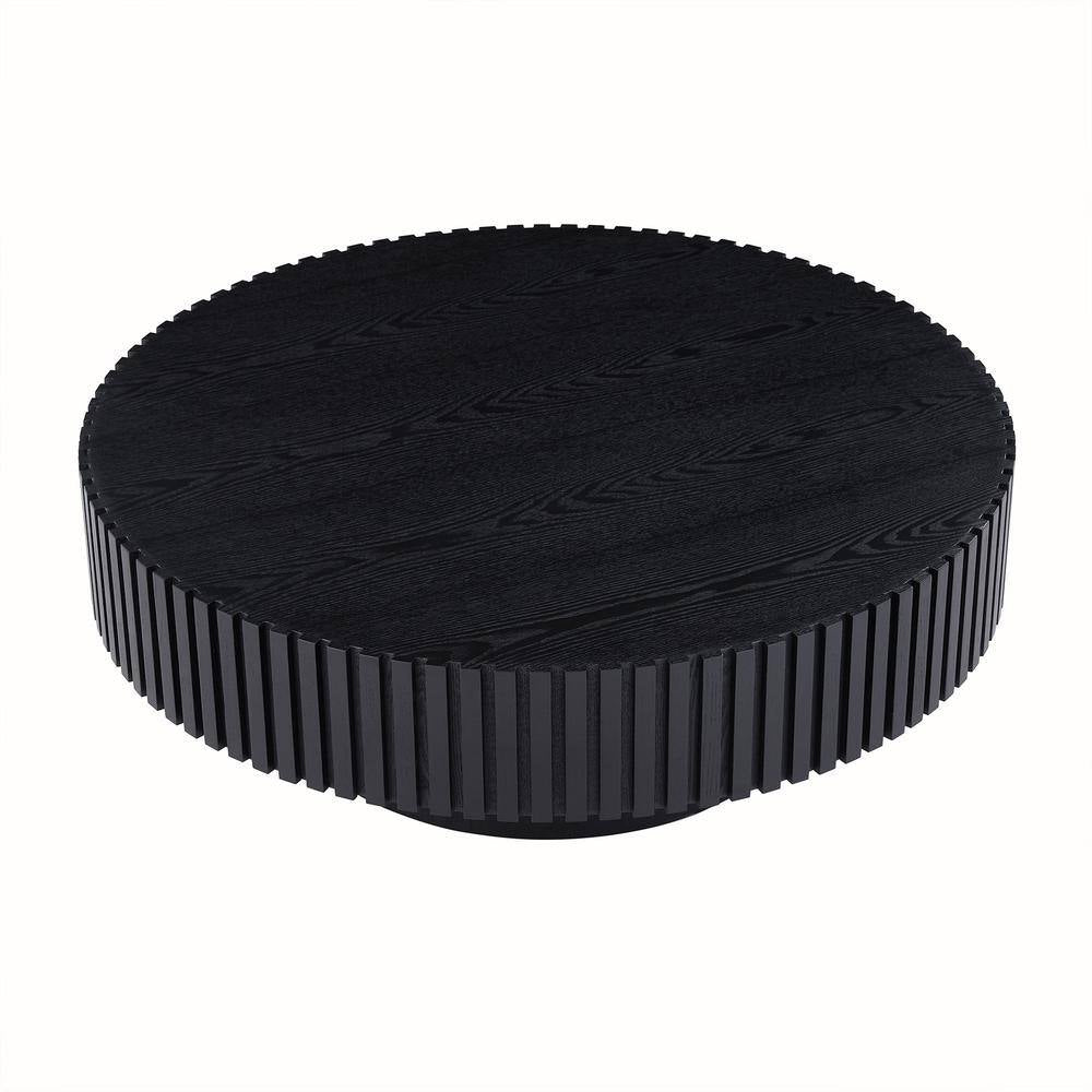 39.37" Round Black Drum Coffee Table – Modern Handcrafted Wood-Look Accent Table