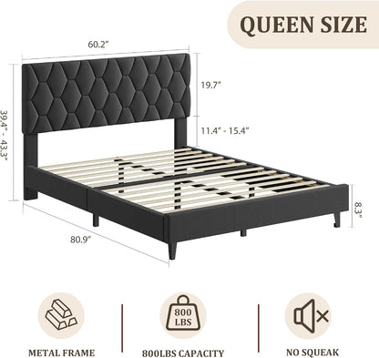 Queen Upholstered Platform Bed Frame – Adjustable Headboard, Wood Slat Support, No Box Spring, Gray