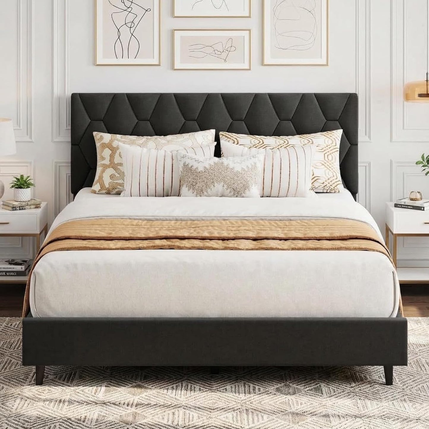 Queen Upholstered Platform Bed Frame – Adjustable Headboard, Wood Slat Support, No Box Spring, Gray