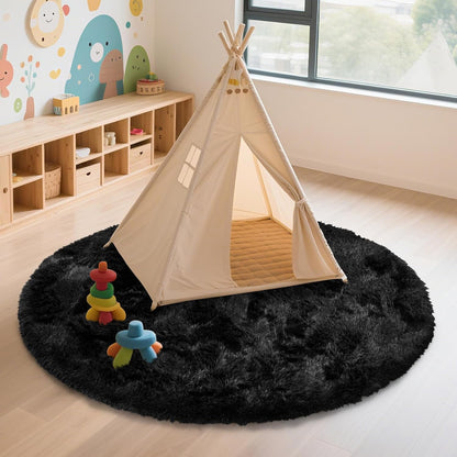 5' Round Black Fluffy Shag Rug – Soft Non-Slip Cozy Area Rug for Bedroom & Home Décor
