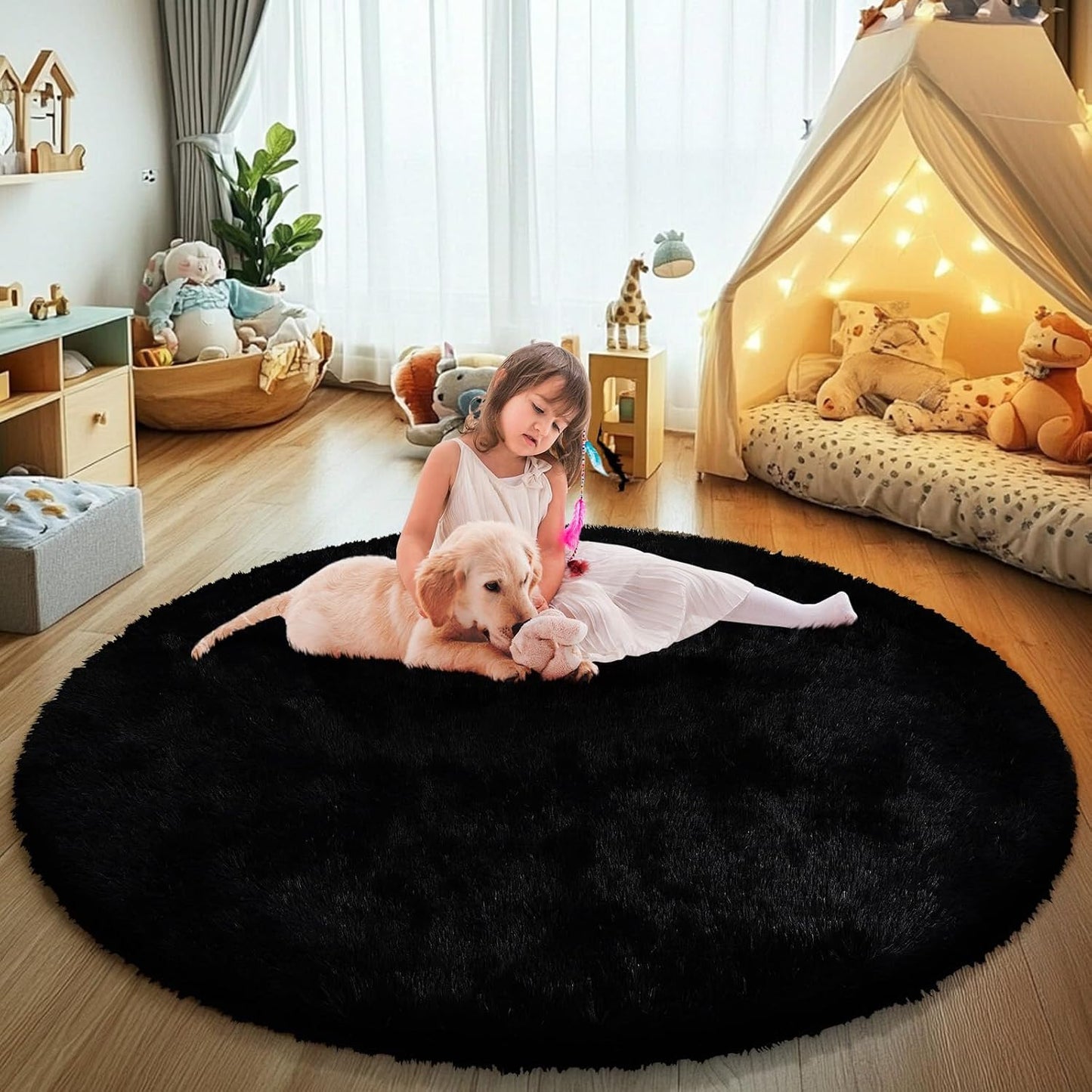 5' Round Black Fluffy Shag Rug – Soft Non-Slip Cozy Area Rug for Bedroom & Home Décor