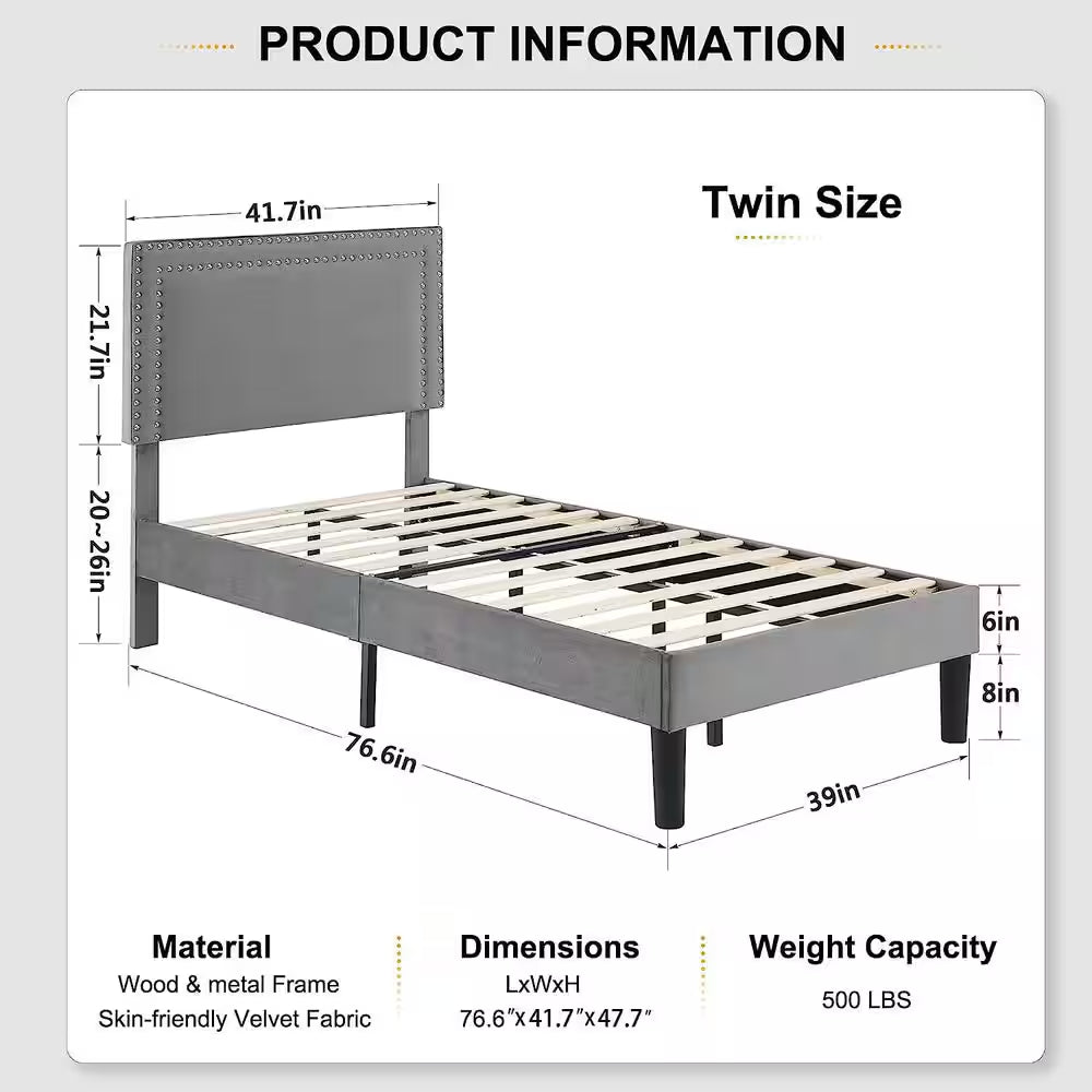 Twin Upholstered Platform Bed Frame – Adjustable Headboard, No Box Spring Needed, Gray