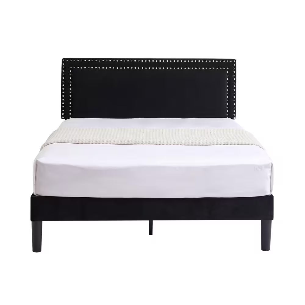 Full Upholstered Platform Bed Frame – Adjustable Headboard, No Box Spring Needed, Black