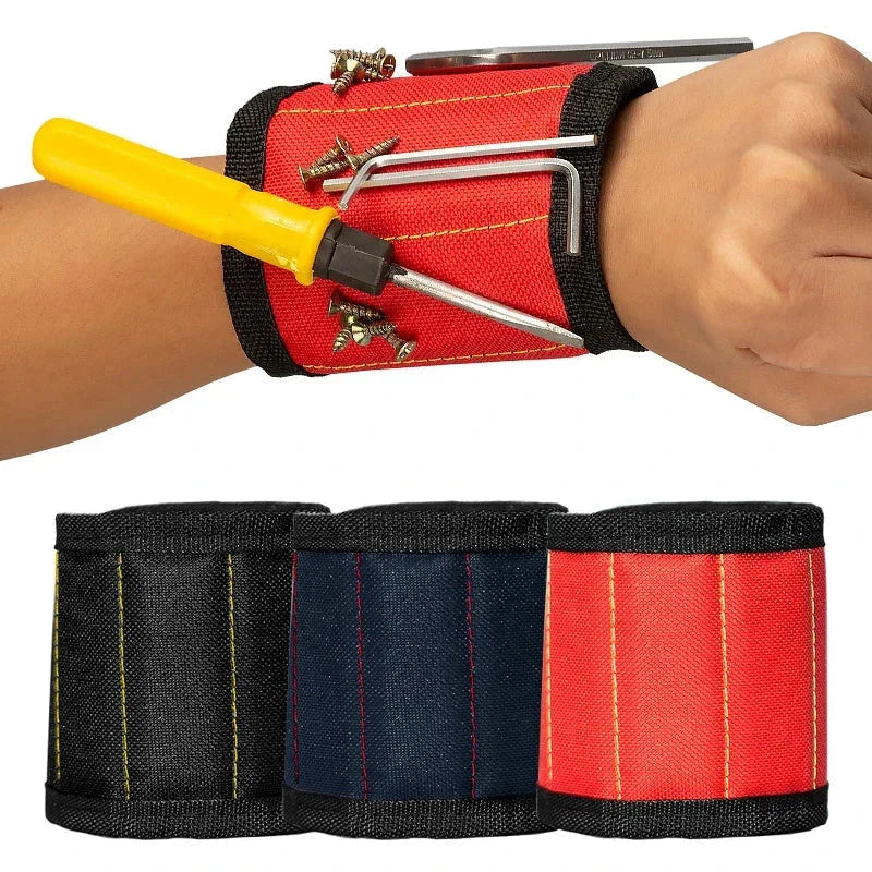 Red wrist tool holder with screws, screwdriver, and hex keys; also shown in black and navy.