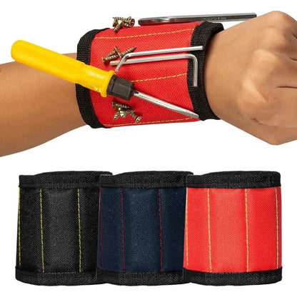 Red wrist tool holder with screws, screwdriver, and hex keys; also shown in black and navy.