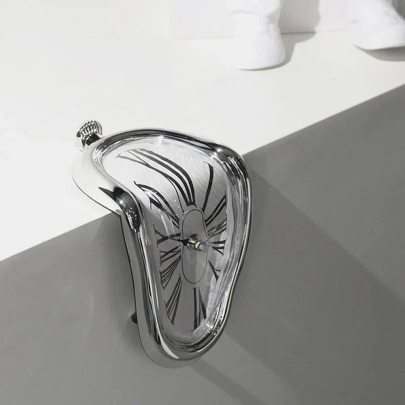 Surreal melting clock wall decor with chrome finish, modern home accent for cozy living spaces