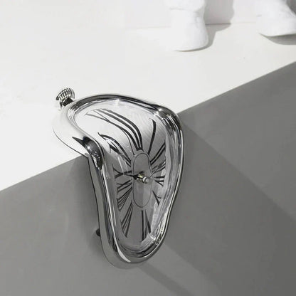 Surreal melting clock wall decor with chrome finish, modern home accent for cozy living spaces