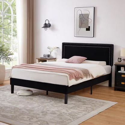 Full Upholstered Platform Bed Frame – Adjustable Headboard, No Box Spring Needed, Black
