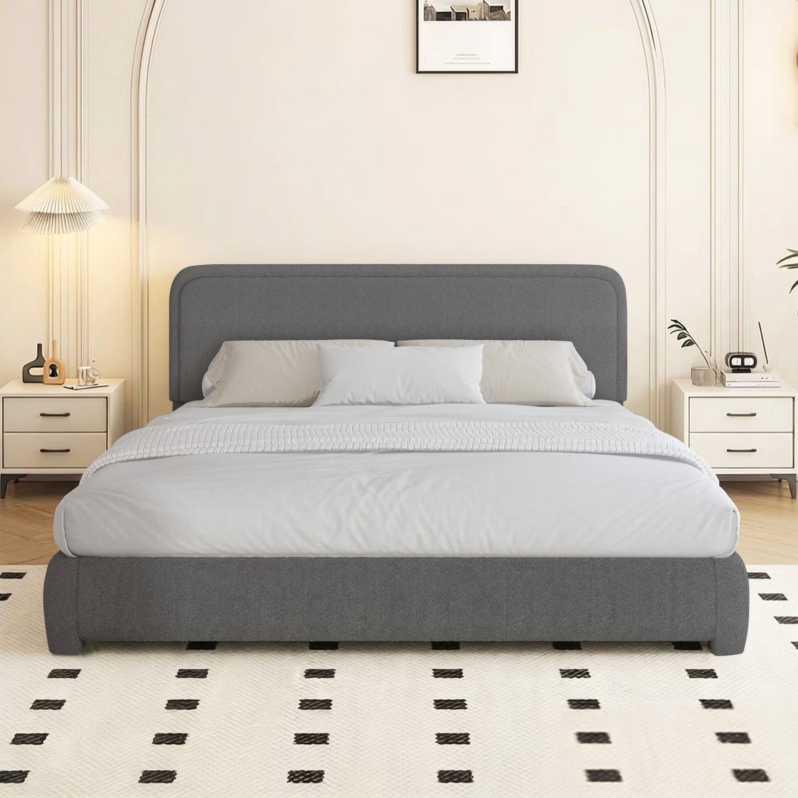 **Queen Bouclé Upholstered Bed Frame – Modern Curved Headboard, Gray**