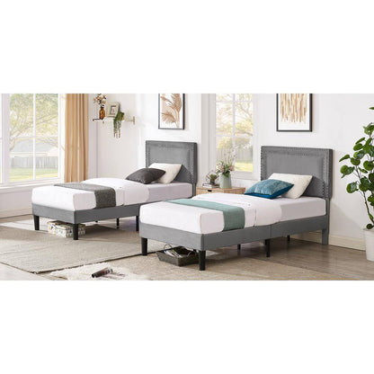 Twin Upholstered Platform Bed Frame – Adjustable Headboard, No Box Spring Needed, Gray