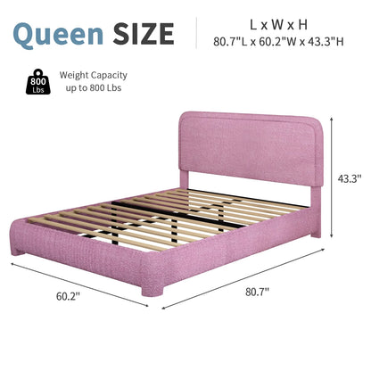 Queen Bouclé Upholstered Bed Frame – Modern Soft Curved Headboard, Pink