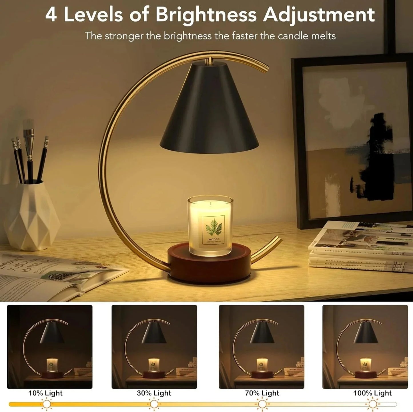 Adjustable brightness candle warmer lamp with 4 light levels for cozy home ambiance