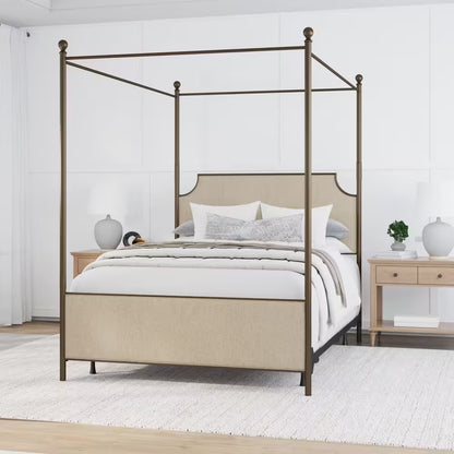 McArthur Queen Canopy Bed – Bronze Metal Frame with Upholstered Headboard