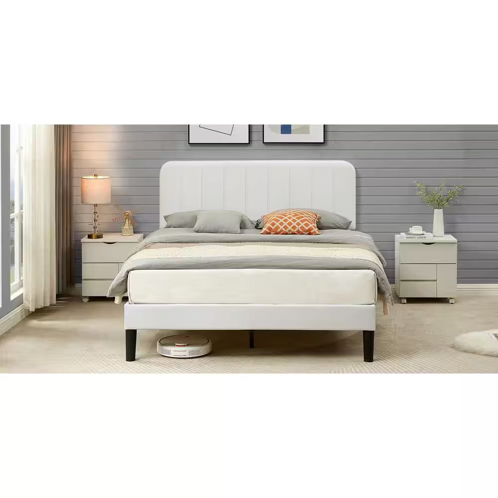 Queen Upholstered Platform Bed Frame – Adjustable Headboard & Strong Wooden Slat Support, White