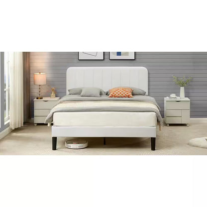 Queen Upholstered Platform Bed Frame – Adjustable Headboard & Strong Wooden Slat Support, White