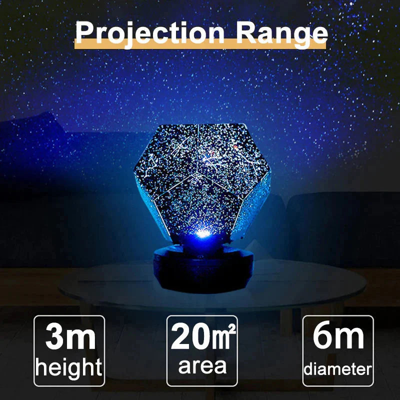 Starry night galaxy projector lamp with 3m height, 20m² coverage, 6m diameter projection for cozy home ambiance