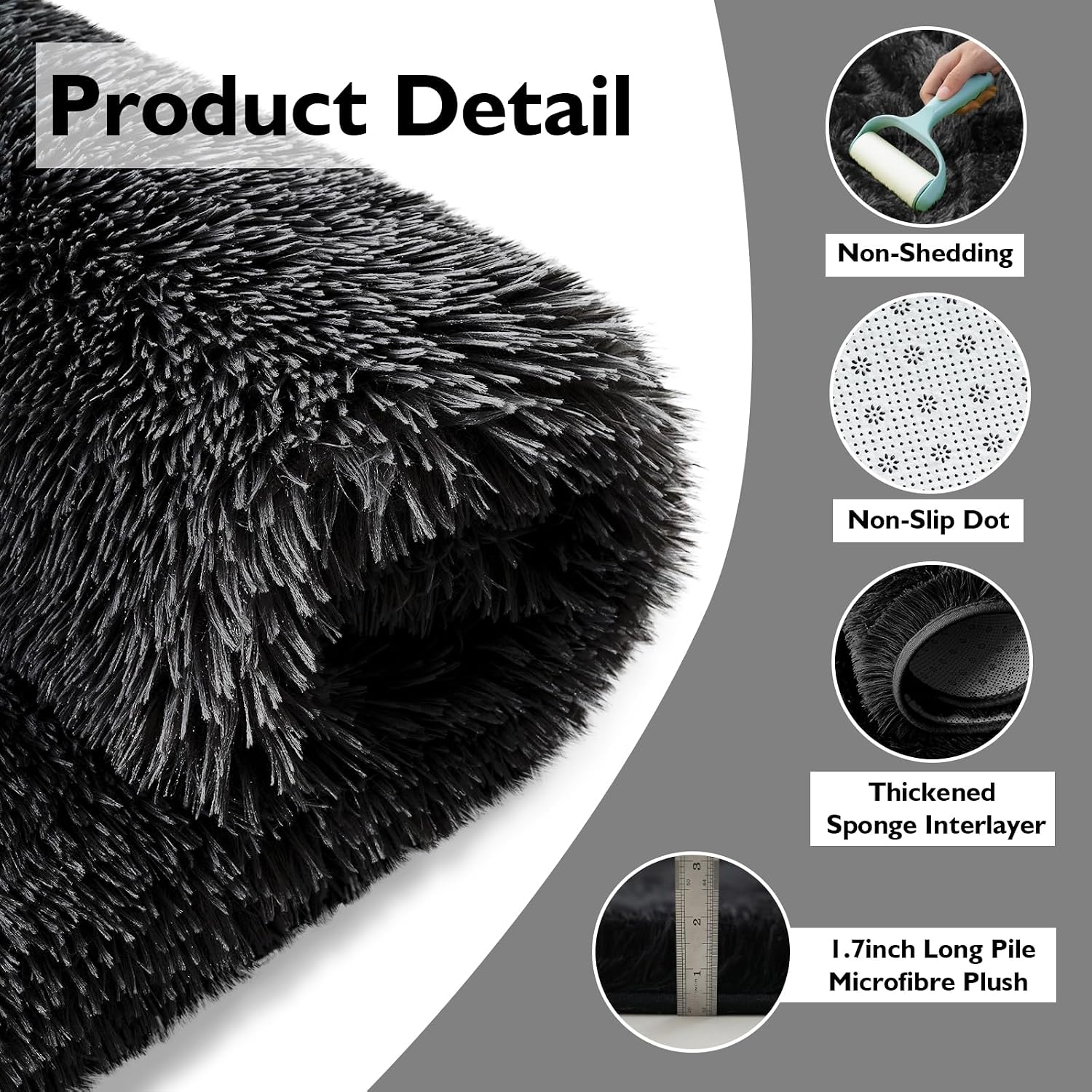 5' Round Black Fluffy Shag Rug – Soft Non-Slip Cozy Area Rug for Bedroom & Home Décor