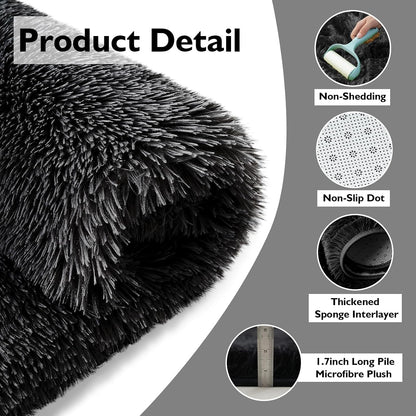 5' Round Black Fluffy Shag Rug – Soft Non-Slip Cozy Area Rug for Bedroom & Home Décor