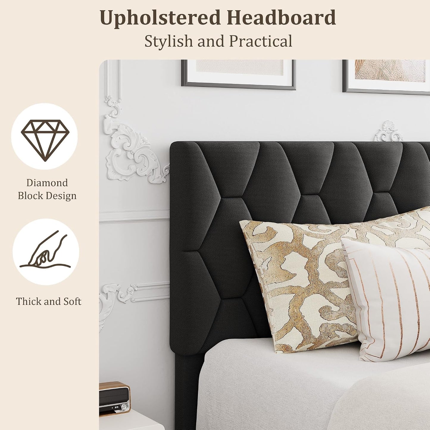 Queen Upholstered Platform Bed Frame – Adjustable Headboard, Wood Slat Support, No Box Spring, Gray