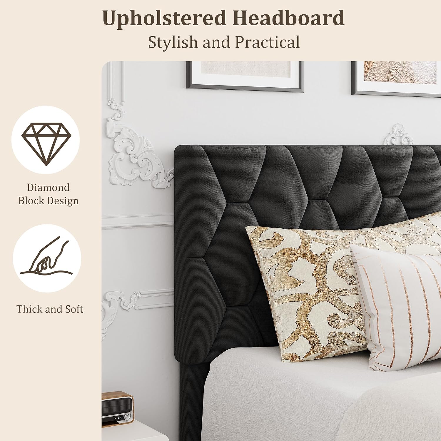 Queen Upholstered Platform Bed Frame – Adjustable Headboard, Wood Slat Support, No Box Spring, Gray