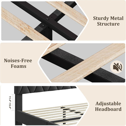 Queen Upholstered Platform Bed Frame – Adjustable Headboard, Wood Slat Support, No Box Spring, Gray