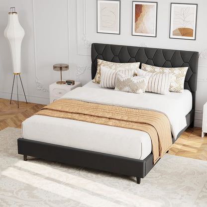 Queen Upholstered Platform Bed Frame – Adjustable Headboard, Wood Slat Support, No Box Spring, Gray