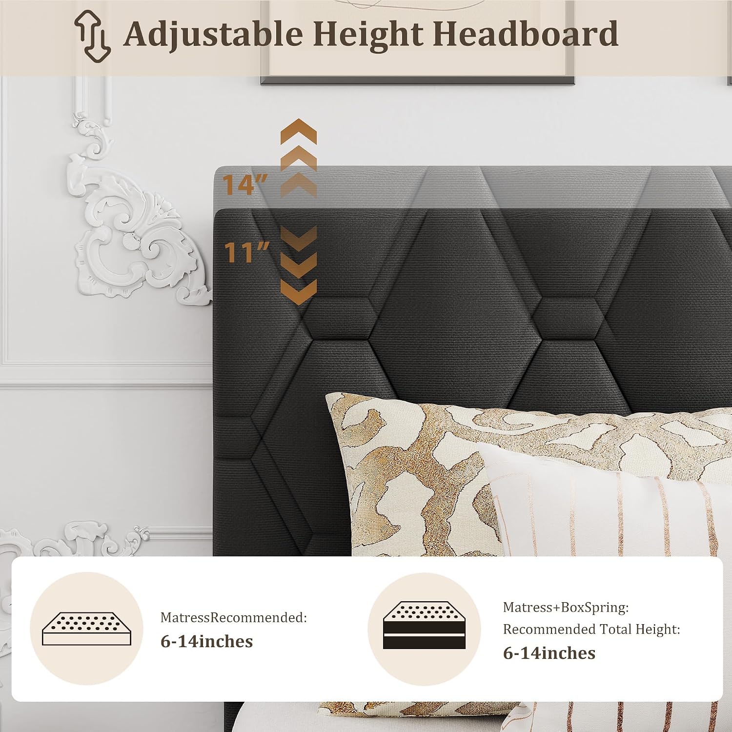 Queen Upholstered Platform Bed Frame – Adjustable Headboard, Wood Slat Support, No Box Spring, Gray
