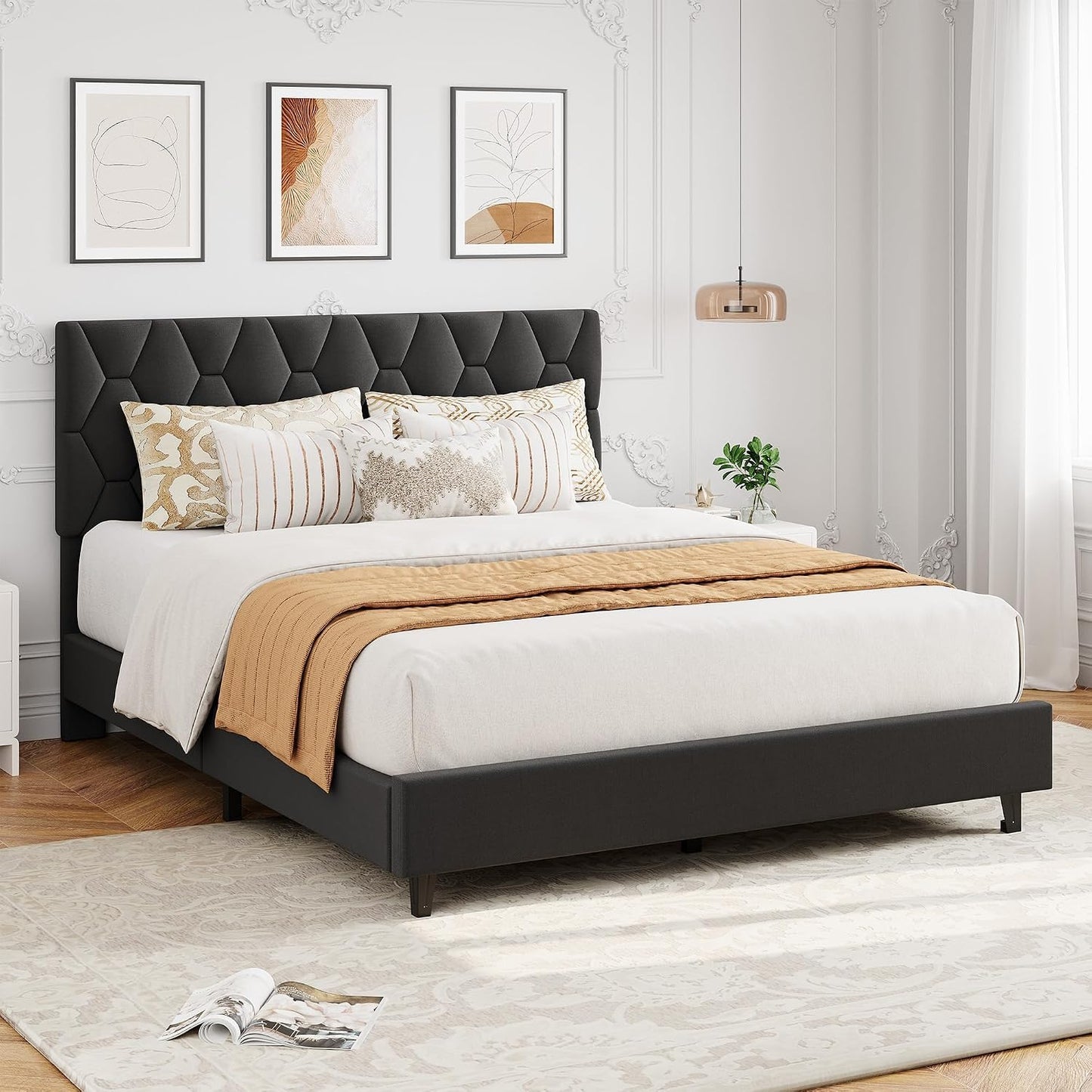 Queen Upholstered Platform Bed Frame – Adjustable Headboard, Wood Slat Support, No Box Spring, Gray