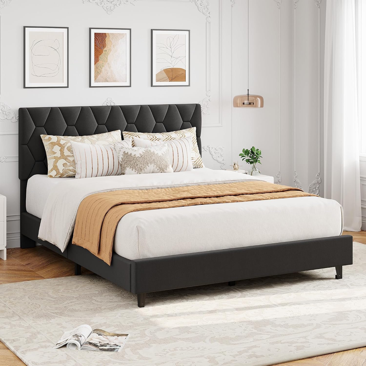 Queen Upholstered Platform Bed Frame – Adjustable Headboard, Wood Slat Support, No Box Spring, Gray