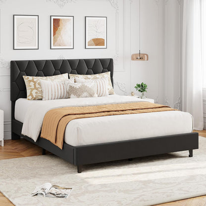 Queen Upholstered Platform Bed Frame – Adjustable Headboard, Wood Slat Support, No Box Spring, Gray