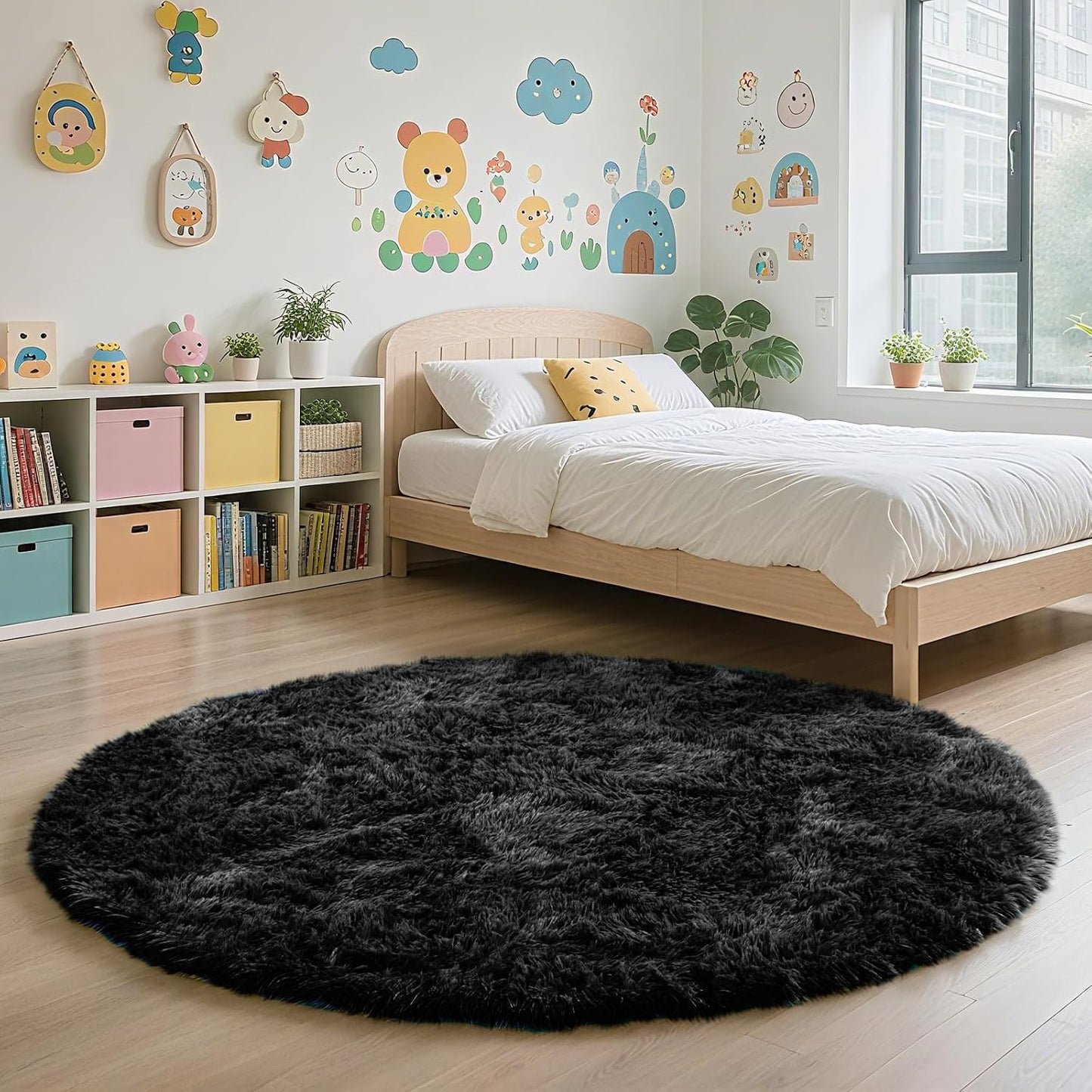 5' Round Black Fluffy Shag Rug – Soft Non-Slip Cozy Area Rug for Bedroom & Home Décor