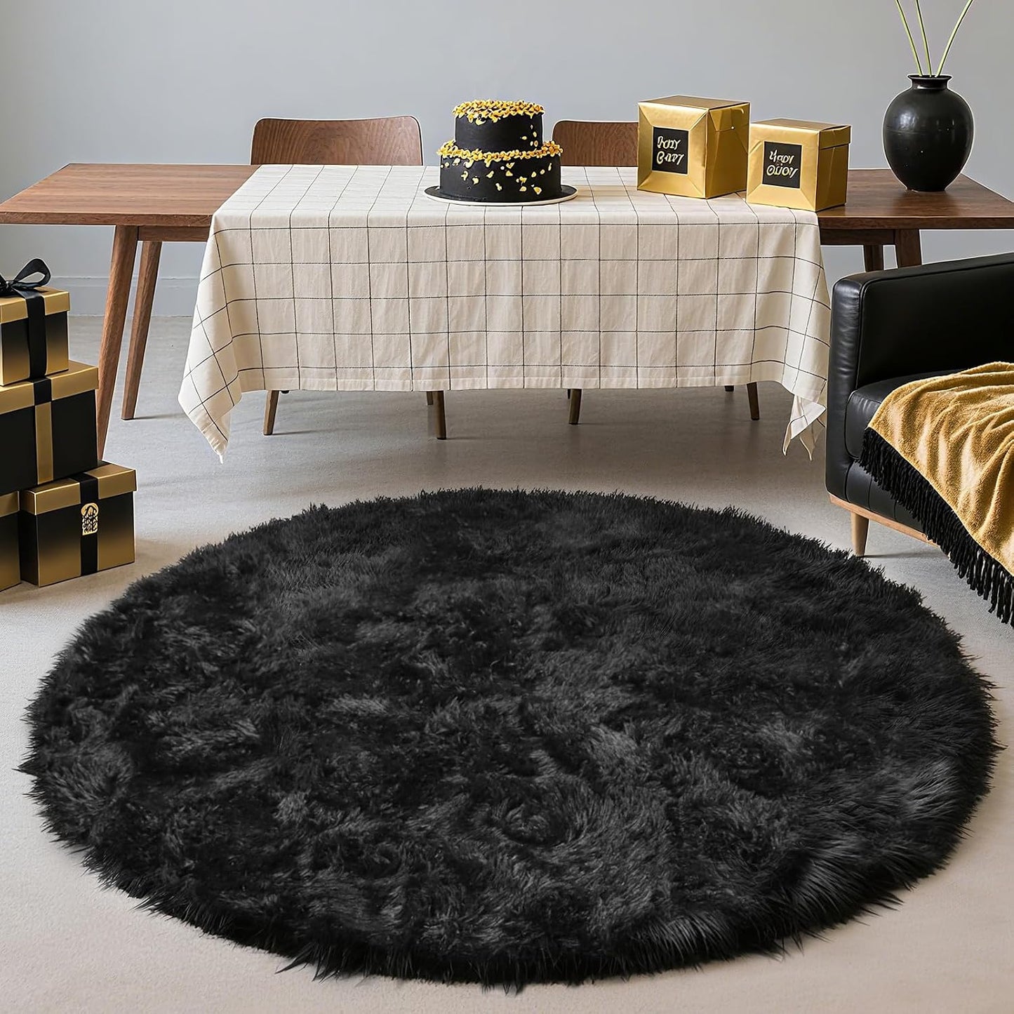 5' Round Black Fluffy Shag Rug – Soft Non-Slip Cozy Area Rug for Bedroom & Home Décor