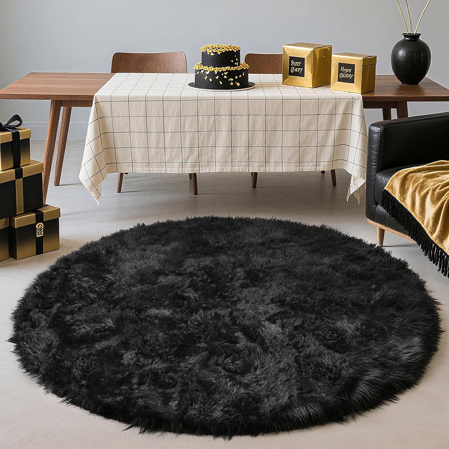 5' Round Black Fluffy Shag Rug – Soft Non-Slip Cozy Area Rug for Bedroom & Home Décor