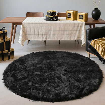 5' Round Black Fluffy Shag Rug – Soft Non-Slip Cozy Area Rug for Bedroom & Home Décor
