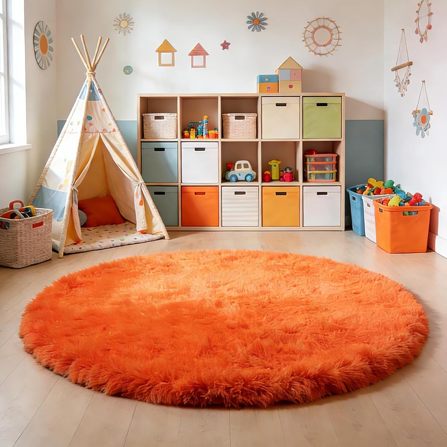 6' Round Orange Fluffy Shag Rug – Soft Cozy Area Rug for Bedroom & Home Décor