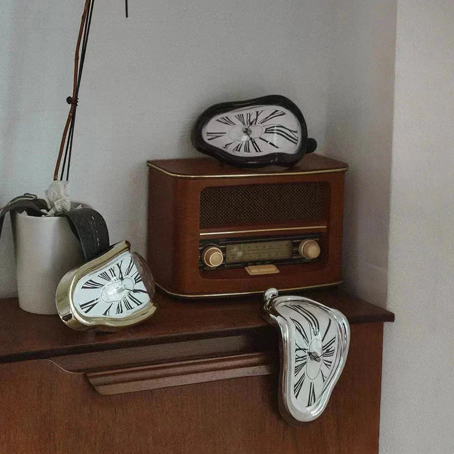 Surreal melting clocks on wooden shelf with vintage radio, cozy home decor