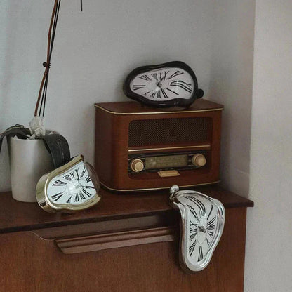 Surreal melting clocks on wooden shelf with vintage radio, cozy home decor