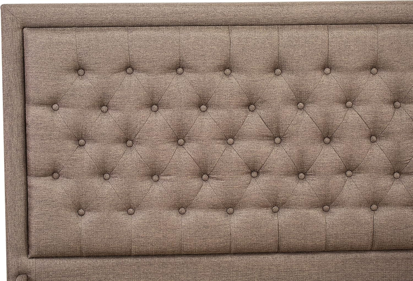 **KDF-18-Q Queen Platform Bed Frame – Brown Linen Upholstered Button-Tufted Headboard with Black Legs**