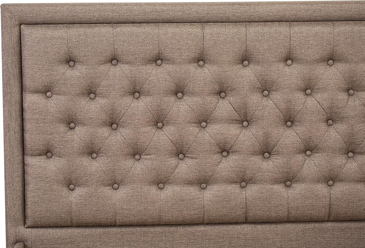 **KDF-18-Q Queen Platform Bed Frame – Brown Linen Upholstered Button-Tufted Headboard with Black Legs**