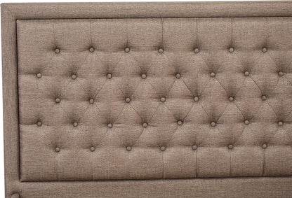 **KDF-18-Q Queen Platform Bed Frame – Brown Linen Upholstered Button-Tufted Headboard with Black Legs**