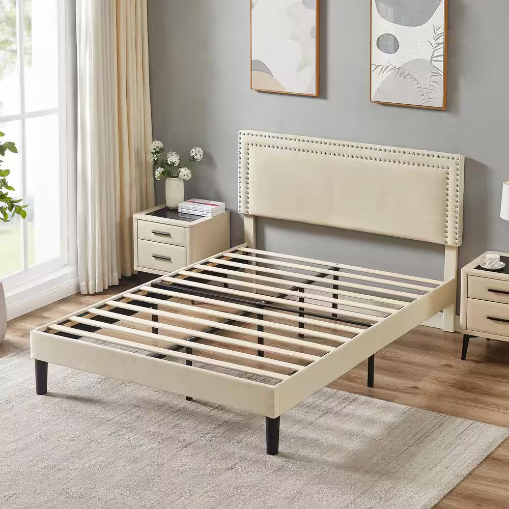 Queen Upholstered Platform Bed Frame – Adjustable Headboard, No Box Spring Needed, Beige